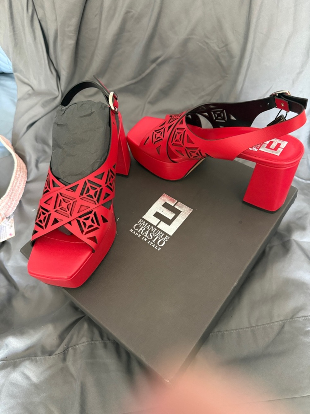 Emanuele Crasto Red Geometric Laser-Cut Slingback Heels